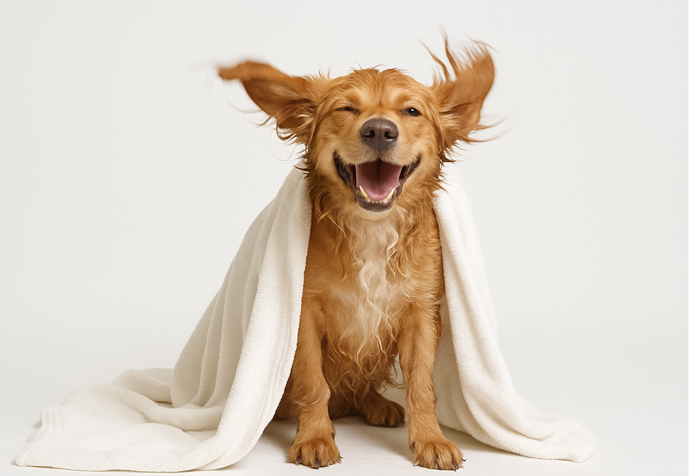 PIESIO PO KAPIELI Z RECZNIKIEM PO PRAWEJ STRONIE WESOLY BIALE TLO USZY JAK PRZY OTRZEPYWANIU